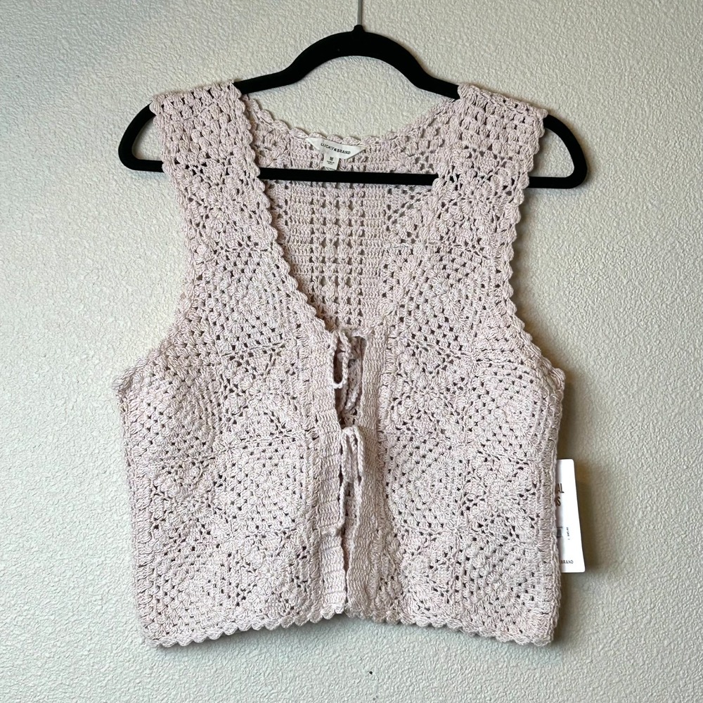 Lucky Brand Crochet Vest Pale Pink Cotton Womens Boho Tie Front Cottage M NWT